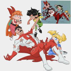Rule 34 | 1boy, 4girls, anime screenshot, biting, black hair, blonde hair, blood, blossom (ppg), bubbles (ppg), buttercup (ppg), cartoon network, child, commentary, english commentary, facial hair, grabbing another&#039;s hair, green eyes, highres, injury, inset, invincible (series), long hair, lying, messy hair, moccimu, multiple girls, mustache, omni-man, on back, pantyhose, powerpuff girls, screencap, screenshot inset, sedusa, short hair, siblings, simple background, sisters, smile, superhero costume, torn clothes, torn pantyhose, twintails, white background