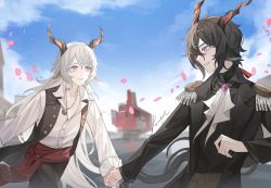 Rule 34 | 2boys, absurdres, animal ears, arknights, bishounen, black hair, black suit, blouse, kreide (arknights), chasehuimao, cherry blossoms, cowboy shot, ebenholz (arknights), formal, frills, goat boy, goat ears, goat horns, hair ribbon, highres, holding hands, horns, jewelry, long hair, male focus, multiple boys, necklace, outdoors, purple eyes, ribbon, shirt, smile, suit, white hair, white shirt