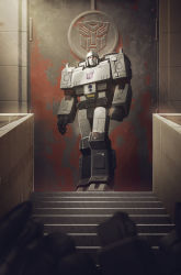 Rule 34 | clenched hand, comic cover, commentary, cover image, decepticon, english commentary, highres, joana lafuente, looking up, mecha, megatron (idw), official art, open hand, red eyes, robot, solo focus, stairs, standing, the transformers (idw), transformers