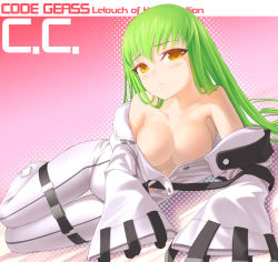 Rule 34 | 00s, 1girl, bare shoulders, blush, bodysuit, breasts, c.c., cleavage, code geass, green hair, large breasts, long hair, open clothes, open shirt, shirt, solo, thigh gap, thighs, uni (plastic girl), yellow eyes