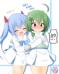 Rule 34 | !?, 2girls, :d, ^ ^, ahoge, blonde dog girl (ri-net), blue bow, blue hair, blush, bow, closed eyes, closed mouth, commentary request, dress, fang, food, food-themed hair ornament, green hair, hair between eyes, hair bow, hair ornament, hair over shoulder, hairclip, highres, long hair, low twintails, multiple girls, nose blush, notice lines, hugging object, open mouth, original, pleated dress, poking, popsicle, purple eyes, ri-net, romaji text, sailor collar, sailor dress, school uniform, siblings, sisters, smile, socks, translation request, twins, twintails, very long hair, watermelon bar, watermelon hair ornament, white background, white bow, white dress, white legwear, white sailor collar