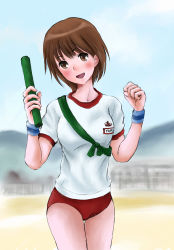 Rule 34 | 1girl, :d, arms up, blue sky, blue wristband, blurry, blurry background, blush, breasts, brown eyes, brown hair, buruma, character request, clenched hand, copyright request, cowboy shot, female focus, green sash, gym shirt, gym uniform, head tilt, highres, holding, holding baton, looking at viewer, mountain, name tag, open mouth, outdoors, red buruma, relay baton, sash, shirt, short sleeves, sky, smile, solo, standing, striped, striped wristband, tottun, track and field, uniform, white shirt, wristband