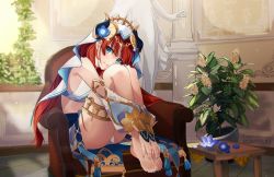 Rule 34 | 1girl, bare legs, bare shoulders, barefoot, blue eyes, chair, genshin impact, hair ornament, headgear, horns, k-rumi, legs, looking at viewer, applying manicure, nilou (genshin impact), applying pedicure, plant, red hair, sitting, smile, table, thigh strap, thighs