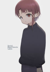 Rule 34 | 1girl, absurdres, asymmetrical hair, brown eyes, brown hair, closed mouth, copyright name, grey background, hair ornament, hairclip, highres, iwakura lain, looking at viewer, nisenni (anoranza), serial experiments lain, short hair, simple background, solo, white background