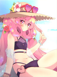 Rule 34 | 1girl, arm support, bangle, bare shoulders, bikini, black bikini, blush, bracelet, breasts, cleavage, curly hair, day, eyewear on head, feet out of frame, flower, food, hat, hat flower, heart, heart-shaped eyewear, hibiscus, highres, jewelry, long hair, looking at viewer, low twintails, multi-strapped bikini, navel, neneka (princess connect!), neneka (summer) (princess connect!), outdoors, pink eyes, pink hair, pointy ears, popsicle, princess connect!, ringed eyes, shawl, sidelocks, sitting, small breasts, solo, sparkle, straw hat, sunglasses, sw (taco), swimsuit, twintails, very long hair