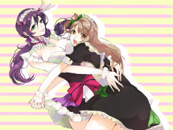Rule 34 | bow, breasts, brown hair, cleavage, dress, frilled dress, frills, green eyes, hair ornament, hand on another&#039;s back, hug, large breasts, long hair, love live!, love live! school idol festival, love live! school idol project, low twintails, maid, maid headdress, minami kotori, multiple girls, one side up, open mouth, own hands clasped, own hands together, purple hair, smile, striped, striped background, syuu, tojo nozomi, twintails, yellow eyes