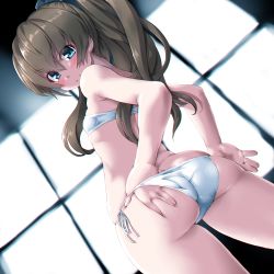 Rule 34 | 1girl, ass, ass grab, backlighting, bare shoulders, blue eyes, blush, brown hair, closed mouth, cowboy shot, dd (ijigendd), deep skin, from behind, grabbing own ass, high ponytail, kantai collection, kumano (kancolle), long hair, looking at viewer, looking back, panties, ponytail, shiny skin, side-tie panties, skindentation, smile, solo, standing, underwear, white panties, window