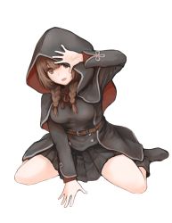 Rule 34 | 1girl, belt, black capelet, black dress, black footwear, boots, braid, breasts, brown belt, brown eyes, brown hair, capelet, dress, highres, hood, hood up, hooded capelet, kantai collection, large breasts, long hair, miyasutou, pleated dress, red ribbon, ribbon, shinshuu maru (kancolle), simple background, sitting, solo, twin braids, wariza, white background