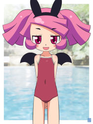 Rule 34 | 1girl, animal ears, arms behind back, bat wings, child, collarbone, doki doki majo shinpan, fake animal ears, female focus, flat chest, hair ornament, hatomugisan, looking at viewer, navel, one-piece swimsuit, open mouth, outdoors, pink hair, rabbit ears, red eyes, red one-piece swimsuit, rizumi neon, short hair, smile, solo, standing, swimsuit, twintails, vampire, water, wings
