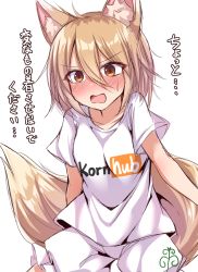 Rule 34 | 1girl, alternate costume, animal ears, arm behind back, blonde hair, embarrassed, floral print, fox ears, fox girl, fox tail, kudamaki tsukasa, looking at viewer, medium hair, open mouth, parody, pornhub, print shirt, shirt, short sleeves, simple background, siw0n, solo, surprised, tail, touhou, translated, unconnected marketeers, white background, white shirt, yellow eyes