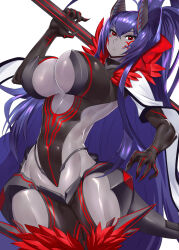 Rule 34 | 1girl, ahoge, armor, breasts, character request, cleavage cutout, clothing cutout, colored skin, copyright request, detached sleeves, facial mark, feet out of frame, fingernails, grey skin, holding, holding weapon, horns, huge breasts, ippo, long hair, purple hair, red eyes, serious, sharp fingernails, tail, thighhighs, thighs, very long hair, weapon, white background