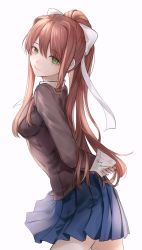 Rule 34 | 1girl, arms behind back, blue skirt, bow, breasts, brown hair, closed mouth, commentary, cowboy shot, doki doki literature club, from side, green eyes, grey background, hair bow, hair ribbon, highres, holding, holding paper, jacket, long hair, long sleeves, looking at viewer, medium breasts, miniskirt, monika (doki doki literature club), muuyiie, paper, pleated skirt, ponytail, ribbon, simple background, skirt, smile, solo, symbol-only commentary, white bow, white ribbon