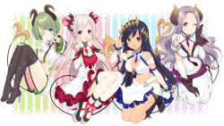 Rule 34 | 4girls, nanashi inc., :d, ;o, aqua eyes, ass, bare shoulders, belt, between breasts, black footwear, black gloves, black hair, boots, breasts, brown eyes, cleavage, cleavage cutout, clothing cutout, collared shirt, commentary request, crop top, crop top overhang, curled horns, demon horns, demon tail, detached sleeves, double bun, dress, eyepatch, forehead, garter straps, gloves, green hair, grey hair, grin, hair bun, hair ornament, hand up, hands on own cheeks, hands on own face, headdress, high heel boots, high heels, highres, honey strap, horns, knee boots, knees up, kusumoto shizuru, large breasts, leg belt, long hair, long sleeves, looking at viewer, medium breasts, midriff, mole, mole under mouth, multicolored hair, multiple belts, multiple girls, navel, necktie, no bra, one eye closed, open mouth, parted lips, pointy ears, purple eyes, red eyes, saionji mary, see-through, sekishiro mico, shimamura charlotte, shirt, short hair, short necktie, short shorts, shorts, side cutout, single hair bun, skirt, smile, stomach cutout, streaked hair, suou patra, tail, thigh boots, thighhighs, thighs, underboob, v, very long hair, virtual youtuber, wavy hair, white dress, white shirt, white shorts, white skirt