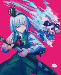 Rule 34 | 1girl, aqua eyes, artist name, black hairband, border, closed mouth, commentary, corporalblake, english commentary, green skirt, grey hair, hairband, highres, holding, holding sword, holding weapon, konpaku youmu, long sleeves, looking at viewer, multiple swords, red background, short hair, simple background, skirt, skull, solo, sword, touhou, weapon