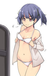 Rule 34 | &gt;:), 10s, 1girl, blunt bangs, bow, bow bra, bow panties, bra, breasts, brown eyes, collarbone, cowboy shot, dress shirt, grey hair, hair ribbon, ippongui, kantai collection, mirror, navel, off shoulder, ooshio (kancolle), open clothes, panties, ribbon, shirt, short twintails, sigh, simple background, small breasts, solo, standing, twintails, underwear, undressing, v-shaped eyebrows, white background, white bra, white panties, white shirt