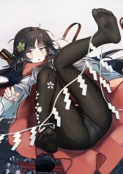 Rule 34 | 1girl, absurdres, ass, black hair, black panties, black pantyhose, blunt bangs, blush, feet, flower, foot up, girls&#039; frontline, grey background, hair flower, hair ornament, hands up, highres, japanese clothes, kilabo, legs, long hair, long legs, looking at viewer, lying, miko, no shoes, on back, open mouth, panties, panties under pantyhose, pantyhose, pink eyes, red scarf, sandals, scarf, sidelocks, soles, solo, submachine gun, thighs, toes, type 100 (girls&#039; frontline), type 100 (gunslinger miko) (girls&#039; frontline), type 100 smg, underwear, unworn sandals