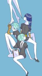 Rule 34 | 4others, androgynous, aqua eyes, aqua hair, bad id, bad twitter id, blue background, blue eyes, blue hair, bug, butterfly, butterfly on nose, clipboard, colored eyelashes, gem uniform (houseki no kuni), golden arms, green eyes, green hair, high heels, houseki no kuni, bug, ishii (wami5285), long hair, multiple others, multiple persona, necktie, out of frame, phosphophyllite, phosphophyllite (ll), ponytail, short hair, simple background, smile, spoilers, sword, weapon