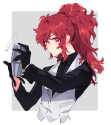 Rule 34 | 1boy, bartender, black gloves, black necktie, black shirt, cocktail shaker, cropped legs, diluc (genshin impact), genshin impact, gloves, hair between eyes, long hair, long sleeves, male focus, necktie, parted lips, ponytail, red eyes, red hair, shirt, simple background, solo, suke 81, two-tone background, vest, white vest