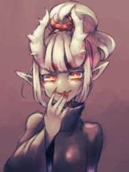Rule 34 | 1girl, fingernails, hand up, highres, horns, iga (okame nin), long sleeves, looking at viewer, nail polish, okame nin, original, parted lips, pointy ears, ponytail, red eyes, red nails, smile, solo, spiked horns, thick eyebrows, white hair, yellow pupils