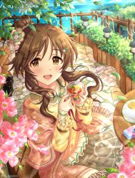 Rule 34 | 10s, 1girl, bad id, bad pixiv id, blush, brown eyes, brown hair, commentary request, cup, day, dress, flower, hair bun, hair flower, hair ornament, hairclip, holding, holding cup, idolmaster, idolmaster cinderella girls, jewelry, long hair, long sleeves, looking at viewer, official style, open mouth, outdoors, ponytail, sanoaki, saucer, single hair bun, smile, solo, takamori aiko, teacup