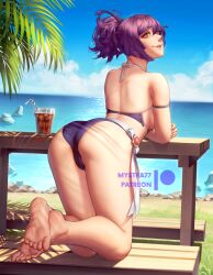 Rule 34 | 1girl, alternate costume, arm strap, artist name, ass, back, barefoot, beach, bent over, bikini, breasts, cameltoe, cleft of venus, cloud, cloudy sky, commentary, cup, day, drinking straw, english commentary, eyelashes, feet, female focus, from behind, full body, hair between eyes, jigokuraku, legs, looking at viewer, looking back, medium breasts, mystra77, outdoors, palm tree, parted lips, partially visible vulva, patreon logo, purple bikini, purple hair, ribbon, rock, shadow, sidelocks, skindentation, sky, soles, solo, swimsuit, thighs, toes, tree, water, white ribbon, yuzuriha (jigokuraku)