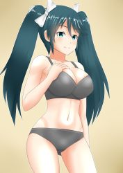Rule 34 | 1girl, 30-06, aqua eyes, black bra, black hair, black panties, bra, breasts, brown background, hair ribbon, hand on own chest, highres, isuzu (kancolle), kantai collection, large breasts, long hair, panties, ribbon, solo, twintails, underwear, underwear only