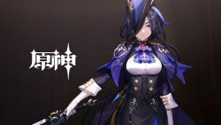 Rule 34 | 1girl, black background, black skirt, capelet, clorinde (genshin impact), commentary request, cowboy shot, genshin impact, gloves, hat, highres, holding, holding sword, holding weapon, iron sting (genshin impact), long hair, long sleeves, looking at viewer, official art, pencil skirt, purple capelet, purple eyes, purple hair, shirt, skirt, solo, standing, sword, tricorne, weapon, white gloves, white shirt