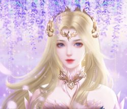 Rule 34 | 1girl, bare shoulders, blonde hair, blue eyes, choker, douluo dalu, dress, expressionless, flower, hair ornament, highres, long hair, looking at viewer, purple background, qian renxue (douluo dalu), qian renxue zhuye, solo, upper body, white dress, wisteria