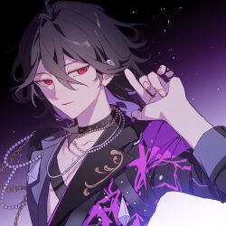Rule 34 | 1boy, absurdres, achillea, black hair, commentary, ensemble stars!, fingernails, hair between eyes, hand up, highres, jewelry, lapels, long sleeves, male focus, medium hair, necklace, notched lapels, parted lips, red eyes, sakuma rei (ensemble stars!), solo, symbol-only commentary, upper body