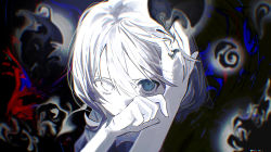 Rule 34 | 1other, abstract, abstract background, ambiguous gender, banned artist, blue eyes, chromatic aberration, closed mouth, colored skin, dorei ku the animation, hair between eyes, hand on own head, heterochromia, highres, looking at viewer, mrt mr, twitter username, white eyes, white hair, white skin