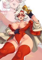 Rule 34 | 1girl, absurdres, alternate costume, blush, breasts, cleft of venus, colored pubic hair, commentary, cover image, english commentary, excessive pubic hair, eyeshadow, female pubic hair, glasses, hair bun, hair ornament, hair stick, highres, insouwu, large breasts, leotard, looking at viewer, makeup, nintendo, nipples, official alternate hairstyle, open mouth, partially visible vulva, pubic hair, pubic hair peek, purah, red-framed eyewear, red eyes, red eyeshadow, round eyewear, sheikah, solo, the legend of zelda, the legend of zelda: tears of the kingdom, thick thighs, thighhighs, thighs, unaligned breasts, wedgie, white hair