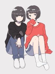 Rule 34 | 2girls, ame (amemgmgmg), bad id, bad pixiv id, black hair, black sweater, blue eyes, blue pants, blunt bangs, bob cut, covering own mouth, fingernails, grey background, hand over own mouth, hands in opposite sleeves, highres, long sleeves, looking at viewer, multiple girls, nail polish, original, own hands together, pants, parted lips, red nails, red sweater, shoes, short hair, signature, simple background, sitting, socks, sweater, white footwear, white legwear