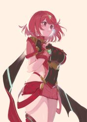 Rule 34 | 1girl, 4410 (kanimiso), absurdres, armor, breasts, commentary request, covered navel, earrings, fingerless gloves, gem, gloves, hair ornament, headpiece, highres, jewelry, large breasts, nintendo, pyra (xenoblade), red eyes, red hair, red shorts, short hair, short shorts, shorts, shoulder armor, simple background, solo, swept bangs, tiara, xenoblade chronicles (series), xenoblade chronicles 2