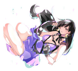 Rule 34 | 1girl, bare shoulders, black hair, breasts, chest harness, cleavage, crescent, crescent earrings, dress, earrings, fighting stance, final fantasy, final fantasy vii, final fantasy vii remake, fingerless gloves, full body, gloves, harness, highres, jewelry, large breasts, long hair, low-tied long hair, neck ribbon, official alternate costume, purple dress, red eyes, ribbon, shoji sakura, sleeveless, sleeveless dress, solo, square enix, tifa lockhart, tifa lockhart (refined dress), wall market, white background