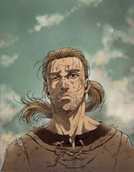 Rule 34 | 1boy, abiru takahiko, blonde hair, blurry, blurry background, brown eyes, brown shirt, closed mouth, facial hair, frown, highres, looking at viewer, male focus, ponytail, shirt, sky, slave, solo, stubble, thick eyebrows, thorfinn, vinland saga