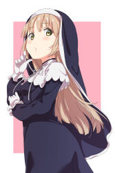 Rule 34 | 1girl, absurdres, blush, breasts, commentary, commentary request, frilled gloves, frills, from below, from side, gloves, habit, highres, karahai (31448823), light brown hair, long hair, looking at viewer, nijisanji, nijisanji seeds, nun, outside border, parted lips, ribbon, sister claire, sister claire (1st costume), small breasts, solo, standing, traditional nun, virtual youtuber, white gloves, white ribbon, yellow eyes