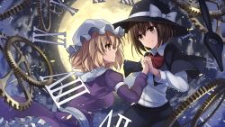 Rule 34 | 2girls, armband, backlighting, black cape, black hat, black skirt, blonde hair, bow, bowtie, breasts, brown eyes, brown hair, cape, collared shirt, dress, eye contact, fedora, full moon, gears, hat, hat bow, highres, holding hands, interlocked fingers, janne cherry, juliet sleeves, long sleeves, looking at another, maribel hearn, mob cap, moon, moonlight, multiple girls, parted lips, petals, profile, puffy sleeves, purple dress, red bow, red bowtie, roman numeral, sash, shirt, short hair, skirt, smile, touhou, upper body, usami renko, white bow, white hat, white shirt, wing collar, yellow eyes