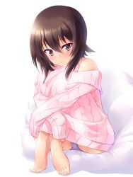 Rule 34 | 1girl, aran sweater, bare shoulders, barefoot, blush, brown eyes, brown hair, cable knit, casual, closed mouth, commentary, cushion, full body, girls und panzer, highres, hugging own legs, kuzuryuu kennosuke, long sleeves, looking at viewer, nishizumi maho, no pants, off-shoulder shirt, off shoulder, panties, pink sweater, purple panties, revision, shadow, shirt, short hair, sitting, sleeves past wrists, smile, solo, sweater, underwear