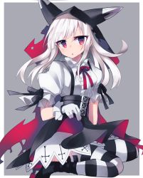 Rule 34 | azur lane, blush, dress, erebus (azur lane), long hair, personification, red eyes, smile, solo, striped clothes, striped thighhighs, thighhighs, white hair