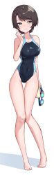 Rule 34 | 1girl, black hair, black one-piece swimsuit, blue eyes, competition swimsuit, full body, goggles, unworn goggles, highres, hololive, one-piece swimsuit, oozora subaru, short hair, simple background, solo, standing, swept bangs, swimsuit, taachika, thigh gap, two-tone swimsuit, virtual youtuber, white background