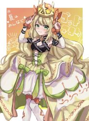 Rule 34 | bow, breasts, butterfly hair ornament, celine (fire emblem), commentary request, cross-laced clothes, cross-laced dress, crown, dress, dress bow, facial mark, fire emblem, fire emblem engage, green eyes, hair ornament, heart, heart facial mark, highres, leon0630claude, nintendo, orange bow, orange gemstone, orange wristband, princess, small breasts, translation request, wrist bow, yellow dress