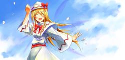 Rule 34 | 1girl, blonde hair, female focus, hat, lily white, long hair, outdoors, ribbon, sky, solo, sorano eika, standing, touhou, wings