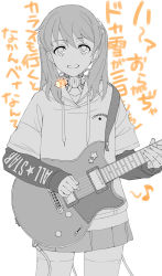 Rule 34 | 1girl, :d, ahoge, cable, clothes writing, contrapposto, cowboy shot, electric guitar, fingernails, glowing, greyscale, guitar, hair ornament, hair scrunchie, highres, holding, holding instrument, hood, hood down, hoodie, instrument, itou (onsoku tassha), joints, layered sleeves, long sleeves, looking at viewer, mechanical parts, monochrome, music, open mouth, original, playing instrument, pleated skirt, plectrum, robot joints, scrunchie, short over long sleeves, short sleeves, simple background, skirt, smile, solo, sweater, translation request, twintails