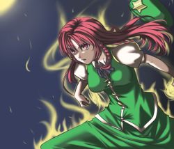 Rule 34 | 1girl, aura, braid, breasts, china dress, chinese clothes, dress, ex-meiling, female focus, haruichi (komikal), hat, hong meiling, immaterial and missing power, long hair, night, red eyes, red hair, slit pupils, solo, touhou, twin braids