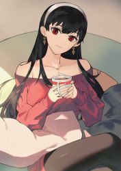 Rule 34 | 1girl, bad id, bad pixiv id, bare shoulders, black hair, black pantyhose, bread, coffee cup, collarbone, commentary, crossed legs, cup, cushion, disposable cup, earrings, english commentary, food, gold earrings, hairband, highres, holding, holding cup, jewelry, koharu1807, light smile, long hair, looking at viewer, off-shoulder sweater, off shoulder, pantyhose, pillow, red eyes, red sweater, sitting, solo, spy x family, straight hair, sweater, white hairband, yor briar