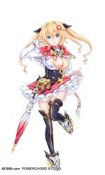 Rule 34 | 1girl, artist request, bell, blonde hair, breasts, cleavage cutout, clothing cutout, drill senki, full body, hair bell, hair ornament, highres, imura kumi, large breasts, quad tails, skirt hold, skull shoes, solo, standing, standing on one leg, thighhighs, transparent background, umbrella