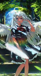 Rule 34 | 1girl, :o, absurdres, angel wings, black sailor collar, black serafuku, black shirt, black skirt, blue sky, blurry, blurry foreground, bow, cloud, commentary request, day, depth of field, feathered wings, feathers, feet out of frame, frilled skirt, frilled sleeves, frills, grey hair, halo, hand up, highres, long hair, original, outdoors, parted lips, pleated skirt, purple eyes, red bow, sailor collar, school uniform, serafuku, shirt, short sleeves, skirt, sky, solo, standing, suzuharu toufu, very long hair, white feathers, white wings, wings