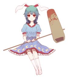 Rule 34 | 1girl, :3, ambiguous red liquid, animal ears, blood, blue dress, blue hair, dress, full body, gradient hair, hammer, keemoringo, kine, long hair, looking at viewer, mallet, multicolored hair, puffy short sleeves, puffy sleeves, rabbit ears, red eyes, seiran (touhou), short hair, short sleeves, simple background, sitting, smile, socks, solo, stain, touhou, white background, white socks