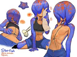 Rule 34 | 1girl, blue skin, blush, breasts, cheek squash, chopsticks, colored skin, disembodied limb, extra mouth, faceless, feeding, hand on another&#039;s head, heart, highres, midriff, monster girl, multicolored skin, no mouth, no nipples, original, short shorts, shorts, simple background, sitting, small breasts, sparrowl, spoken blush, spoken heart, sports bra, starfish, topless, two-tone skin, wariza, white background