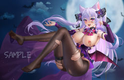 Rule 34 | 1girl, animal ears, barcode, barcode tattoo, bat wings, breasts, elbow gloves, fh moya, full body, gloves, hair between eyes, heart, heart-shaped pupils, highres, large breasts, long hair, looking at viewer, low wings, navel piercing, night, nipple piercing, nipples, no shoes, open mouth, original, pantyhose, piercing, pink eyes, purple hair, sample watermark, solo, symbol-shaped pupils, tattoo, thigh strap, tongue, torn clothes, torn pantyhose, watermark, wings